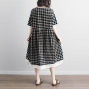 Vintage-Leinen-Baumwoll-Kleid plus Größe Schnürung Kurzarm Karierte Taschen Retro-lässiges graues Kleid