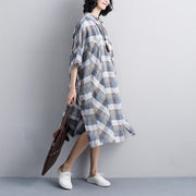 vintage linen dresses Loose fitting Polo Collar Short Sleeve Plaid Women Linen Shirt Dress