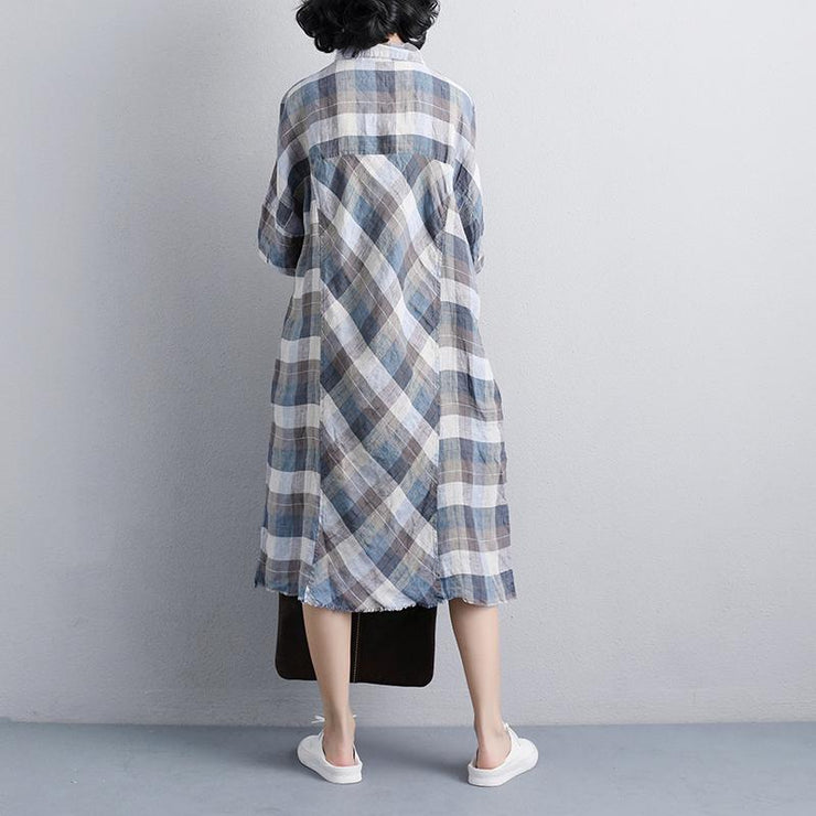 vintage linen dresses Loose fitting Polo Collar Short Sleeve Plaid Women Linen Shirt Dress