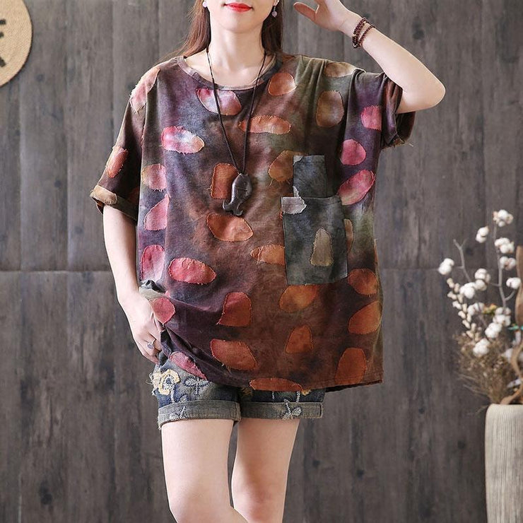 vintage linen tops plus size Applique Distressed Summer Women Round Neck T Shirt