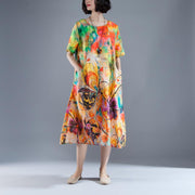 Vintage lange Ramie-Kleider in Übergröße mit kurzen Ärmeln und Taschen Sommer bedrucktes langes Kleid