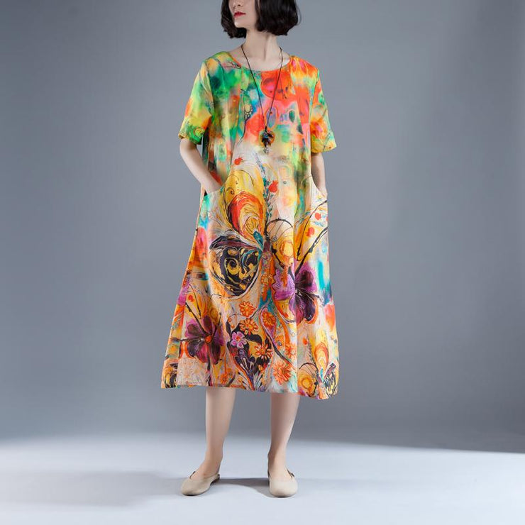 vintage long Ramie dresses oversize Short Sleeve Pockets Summer Printed Long Dress