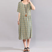 Vintage lange Baumwollkleider trendy plus Größe Kleider mit Blumendruck Rundhals-Kurzarmkleid