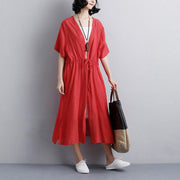 Vintage lange Kleider plus Größe Loses, lässiges, kurzärmliges, rotes Kleid mit seitlichem Schlitz