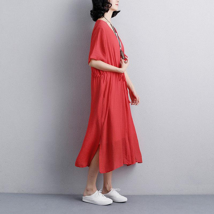 vintage long dresses plus size Loose Casual Short Sleeve Side Slit Red Dress