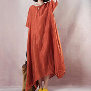 vintage orange linen maxi dress plus size clothing o neck tie waist linen maxi dress fine short sleeve gown