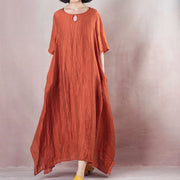 vintage orange linen maxi dress plus size clothing o neck tie waist linen maxi dress fine short sleeve gown