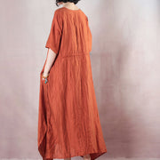 Vintage orange Leinen Maxikleid plus Größe Kleidung O Hals Krawatte Taille Leinen Maxikleid feines Kurzarmkleid