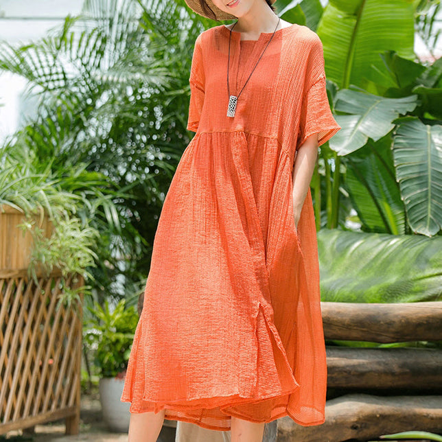 Vintage orange langes Baumwollmischkleid plus Größenkleidung V-Ausschnitt Baggy zweiteiliges Baumwollmischkleid Neue Kurzarmkleider