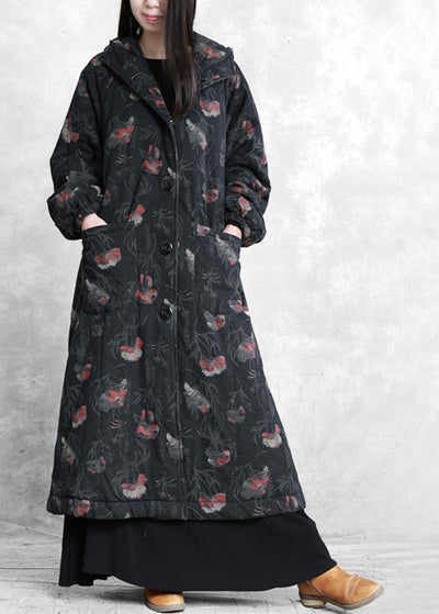 vintage oversize trench coat dark gray print hooded Button Down Woolen Coats - SooLinen