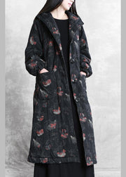 vintage oversize trench coat dark gray print hooded Button Down Woolen Coats - SooLinen