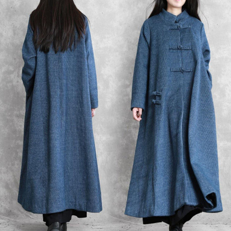 vintage plus size Jackets & coat blue stand collar asymmetric Woolen Coats - SooLinen