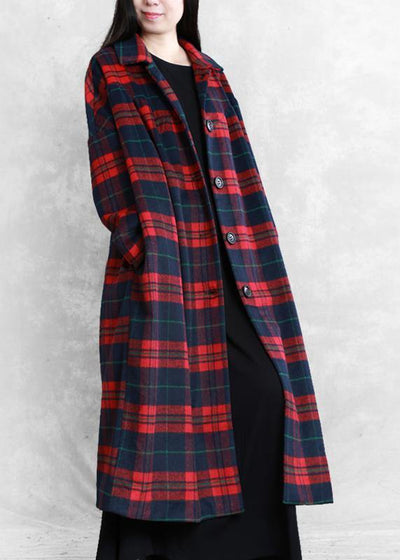 vintage plus size Winter coat woolen outwear red plaid Notched pockets wool overcoat - SooLinen