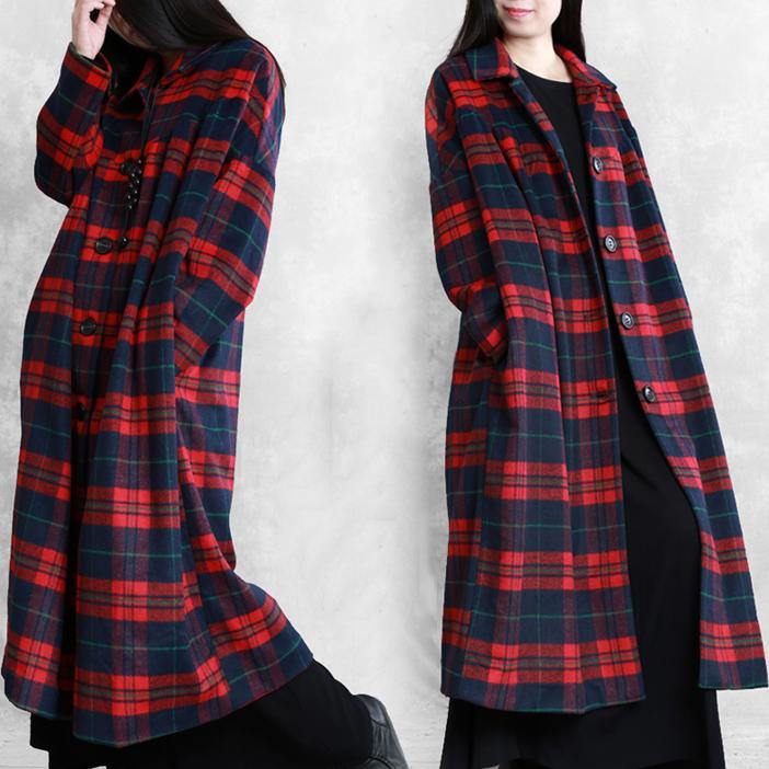 vintage plus size Winter coat woolen outwear red plaid Notched pockets wool overcoat - SooLinen