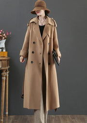 vintage plus size clothing long winter woolen outwear brown lapel double breast wool coat for woman - SooLinen