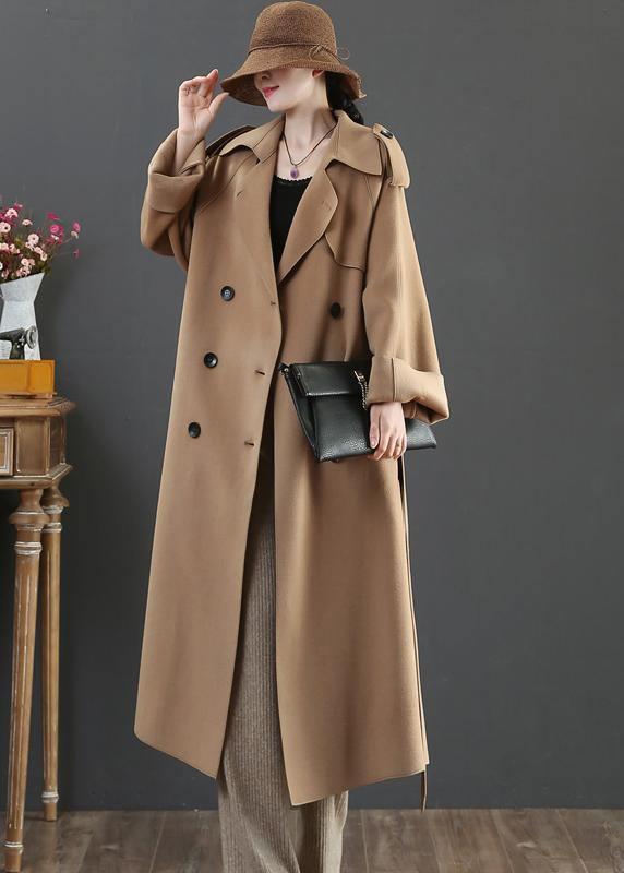 vintage plus size clothing long winter woolen outwear brown lapel double breast wool coat for woman - SooLinen