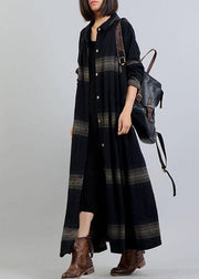vintage plus size clothing trench coat fall black plaid lapel Button coats - SooLinen