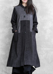 vintage plus size long coat outwear dark gray stand collar patchwork woolen overcoat - SooLinen