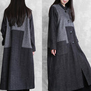 vintage plus size long coat outwear dark gray stand collar patchwork woolen overcoat - SooLinen
