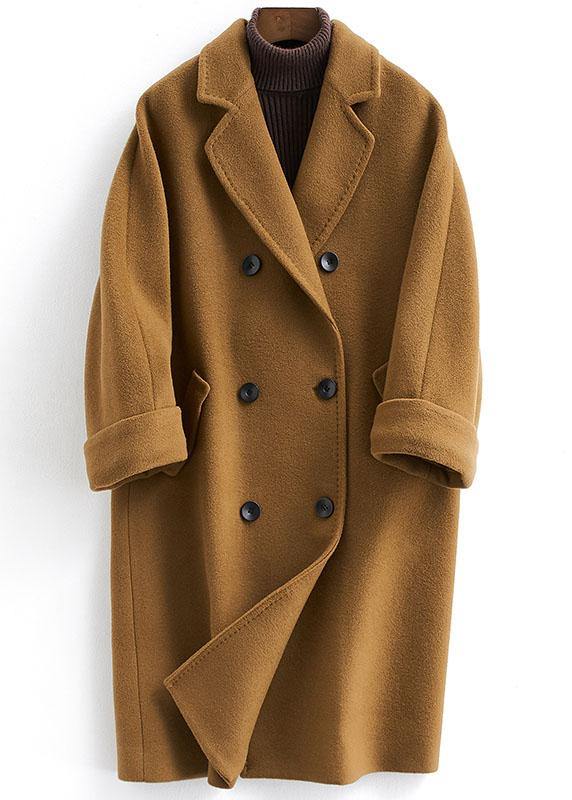 vintage plus size long double breast coats brown Notched woolen outwear - SooLinen