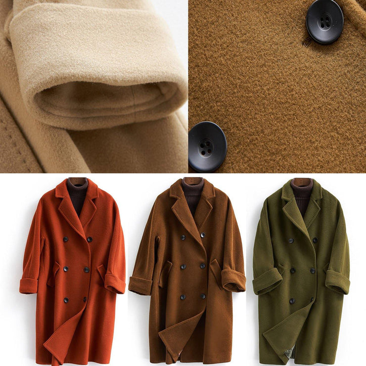 vintage plus size long double breast coats brown Notched woolen outwear - SooLinen