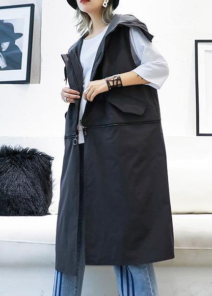 vintage plus size medium length sleeveless coats black hooded zippered coat - SooLinen