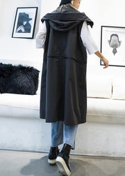 vintage plus size medium length sleeveless coats black hooded zippered coat - SooLinen