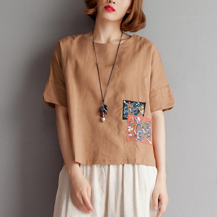 vintage pure cotton linen blouse plus size clothing Embroidery High-low Hem Summer Short Sleeve Brown Blouse