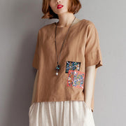 vintage pure cotton linen blouse plus size clothing Embroidery High-low Hem Summer Short Sleeve Brown Blouse