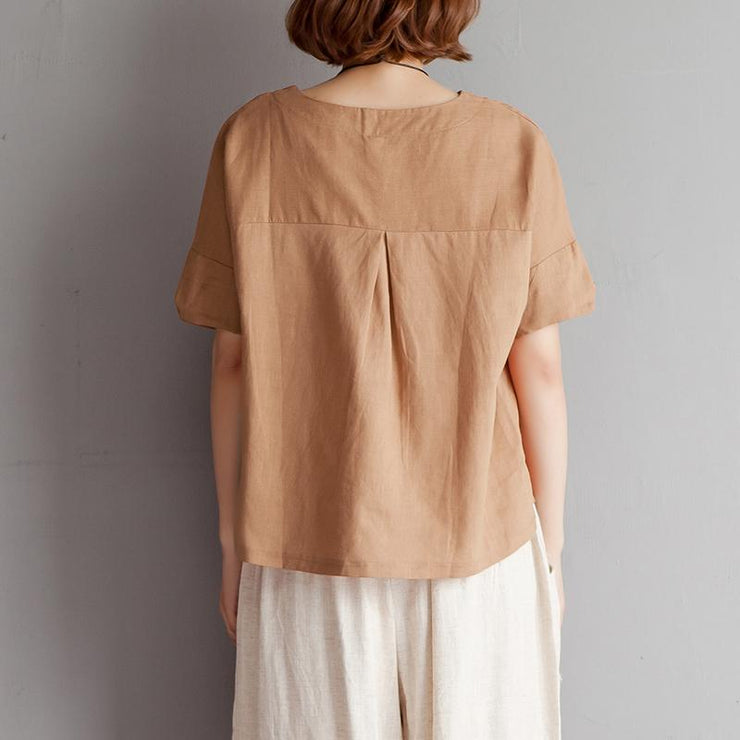 Vintage-Bluse aus reinem Baumwollleinen plus Größenkleidung Stickerei High-Low-Saum Sommer-Kurzarm-Braun-Bluse