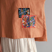 Vintage-Bluse aus reinem Baumwollleinen plus Größenkleidung Stickerei High-Low-Saum Sommer-Kurzarm-Braun-Bluse