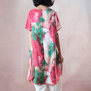 vintage red Midi-length linen t shirt Loose fitting shirts boutique half sleeve print O neck Chinese Button linen blouses