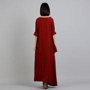 vintage red Plaid casual v neck dress casual asymmetrical design maxi dresses