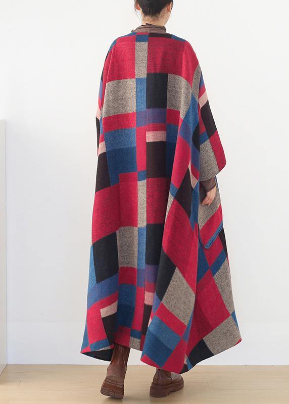 vintage red plaid Woolen Coats oversized o neck exra large hem long winter coat  women coats - SooLinen