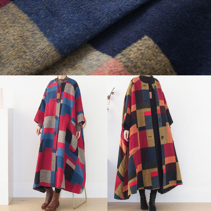 vintage red plaid Woolen Coats oversized o neck exra large hem long winter coat  women coats - SooLinen