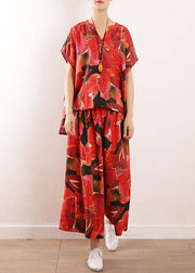 vintage red prints linen two pieces short sleeve t shirt and casual elastic waist crop pants - SooLinen