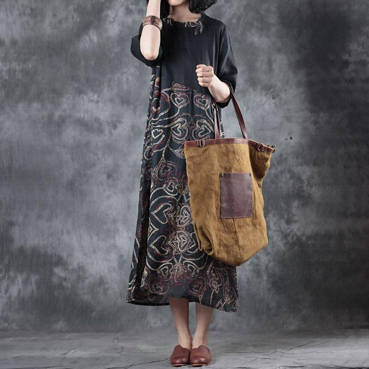 vintage silk linen maxi dress plus size clothing Retro Splicing Printed Round Neck Short Sleeve Black Dress