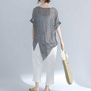 vintage striped Midi-length cotton t shirt Loose fitting traveling blouse fine short sleeve o neck asymmetrical design cotton shirts
