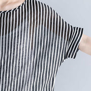vintage striped Midi-length cotton t shirt Loose fitting traveling blouse fine short sleeve o neck asymmetrical design cotton shirts