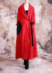 vintage trendy plus size long fall red turn-down collar tie waist coat - SooLinen