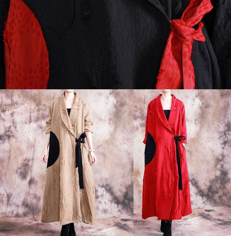 vintage trendy plus size long fall red turn-down collar tie waist coat - SooLinen