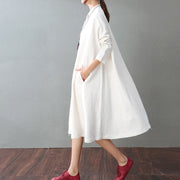Vintage weiße Baumwoll-Leinen-Kaftane übergroße Stand Baggy-Kleider Baumwoll-Leinen-Kleidung Boutique-Langarmtaschen Maxikleider