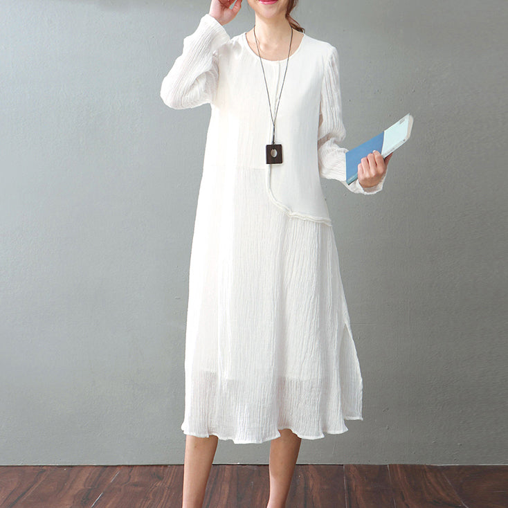 vintage white cotton linen maxi dress Loose fitting O neck baggy dresses New long sleeve patchwork dresses