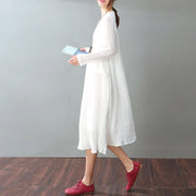 Vintage weißes Baumwoll-Leinen-Maxikleid Locker sitzende Baggy-Kleider mit O-Ausschnitt Neue Langarm-Patchwork-Kleider
