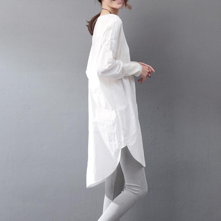 Vintage weißes Kleid aus natürlicher Baumwolle plus Größe Urlaubskleider Feine Langarm-Patchwork-Kleider aus Baumwolle mit O-Ausschnitt