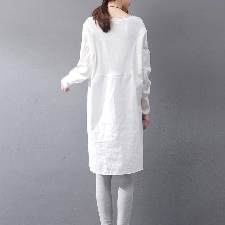 Vintage weißes Kleid aus natürlicher Baumwolle plus Größe Urlaubskleider Feine Langarm-Patchwork-Kleider aus Baumwolle mit O-Ausschnitt