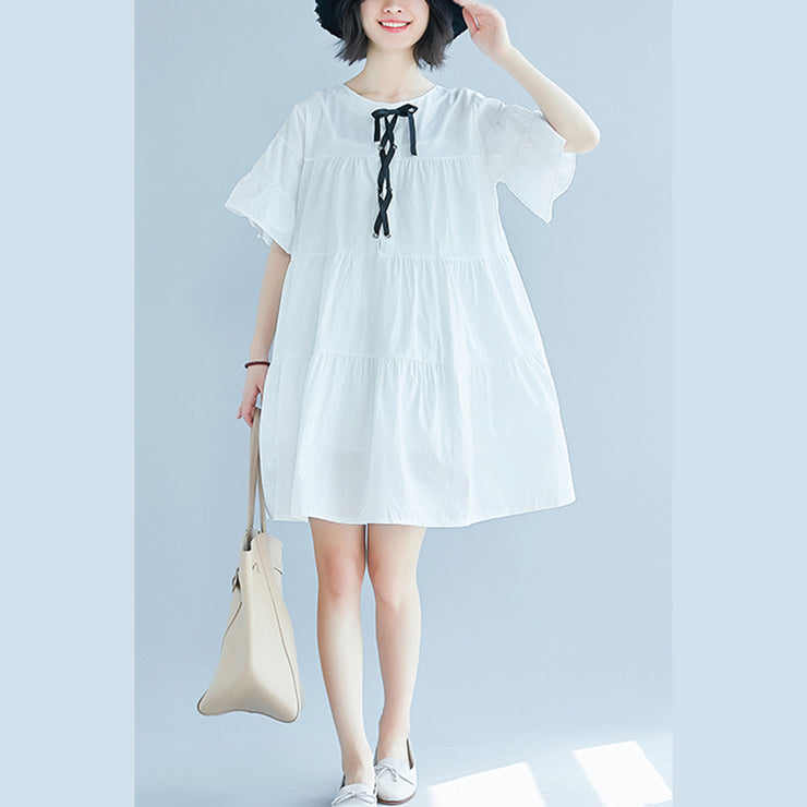 Vintage White Plus Size Freizeitkleid Casual Trompetenärmel A-Linie Röcke O-Ausschnitt Baumwollkleid