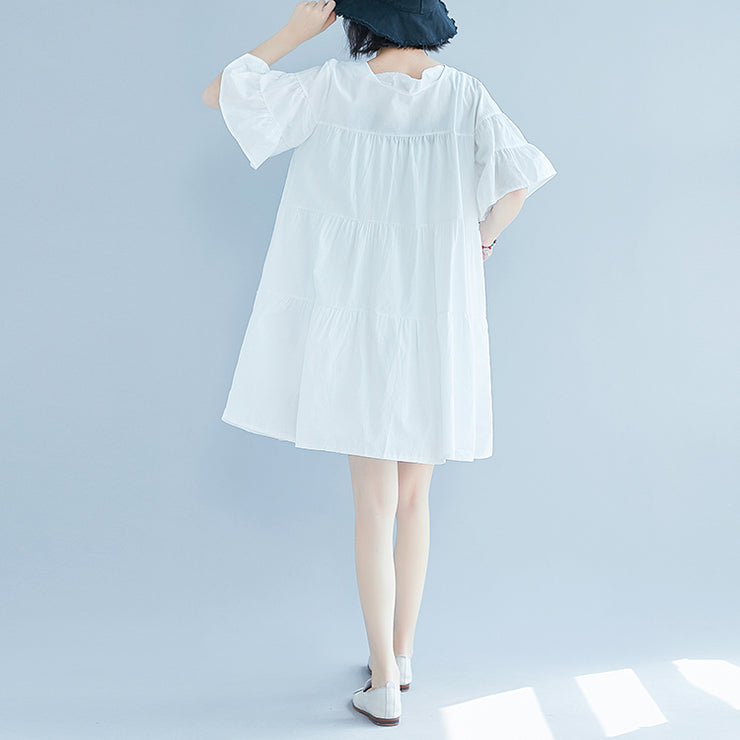 Vintage White Plus Size Freizeitkleid Casual Trompetenärmel A-Linie Röcke O-Ausschnitt Baumwollkleid