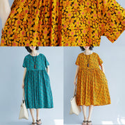 vintage yellow pure cotton linen dresses casual clothing dresses boutique short sleeve O neck floral natural cotton linen dress