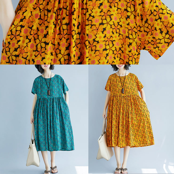 Vintage gelbe Leinenkleider aus reiner Baumwolle Freizeitkleidung Kleider Boutique Kurzarm O-Ausschnitt Blumenkleid aus natürlichem Baumwollleinen